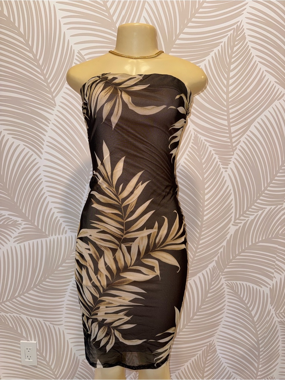 Strapless Brown Dress with Cream Leaf Print